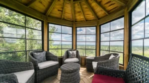 Sunroom with windows looking out over a green space. There is wicker furniture inside the sunroom.