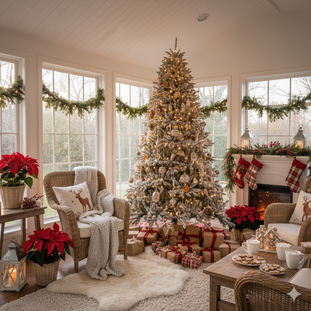 Cozy sunroom Christmas decor featuring a brightly lit tree, fireplace mantle stockings, and natural light.