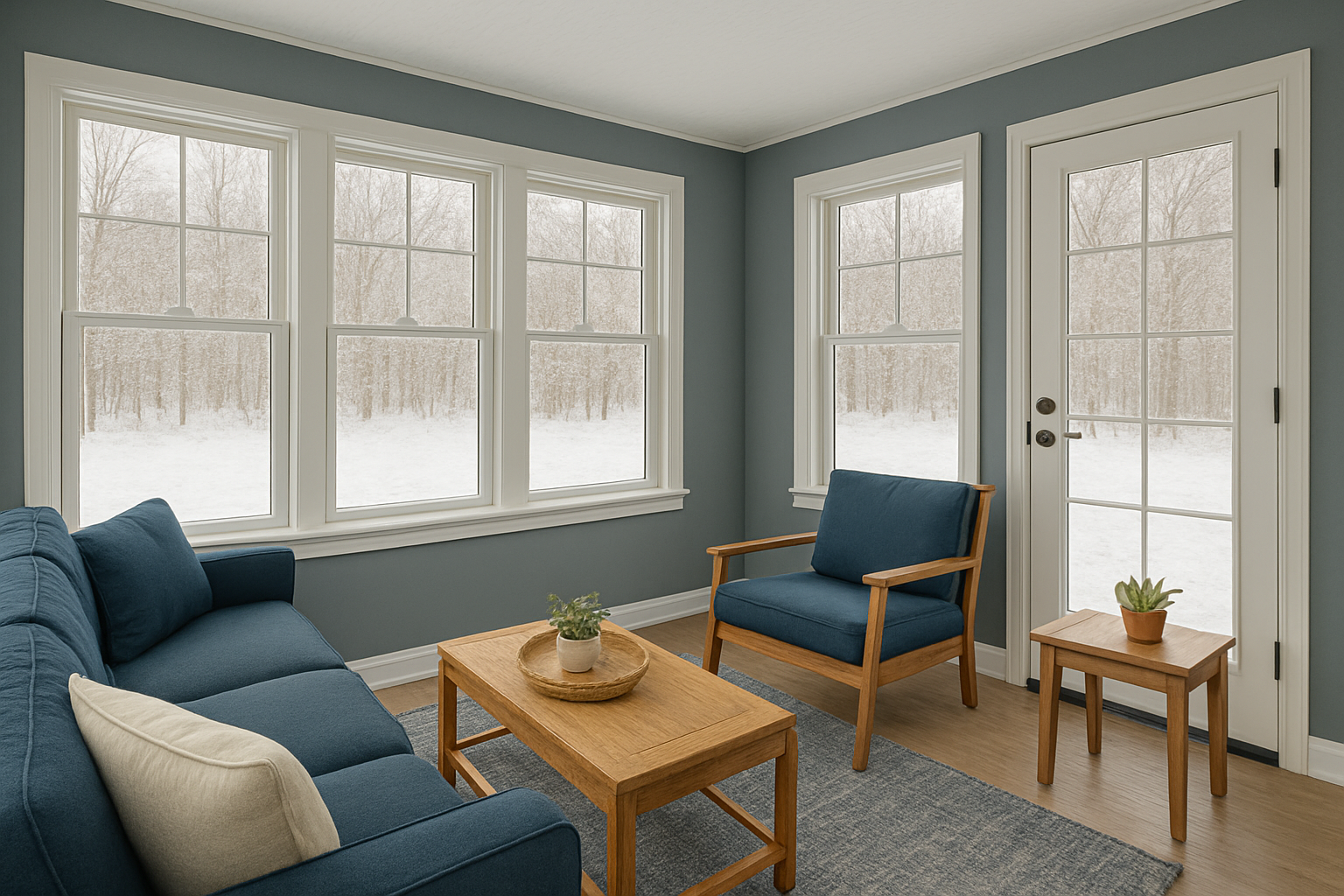 Blue sunroom with blue couch and chair with chair in center of room.