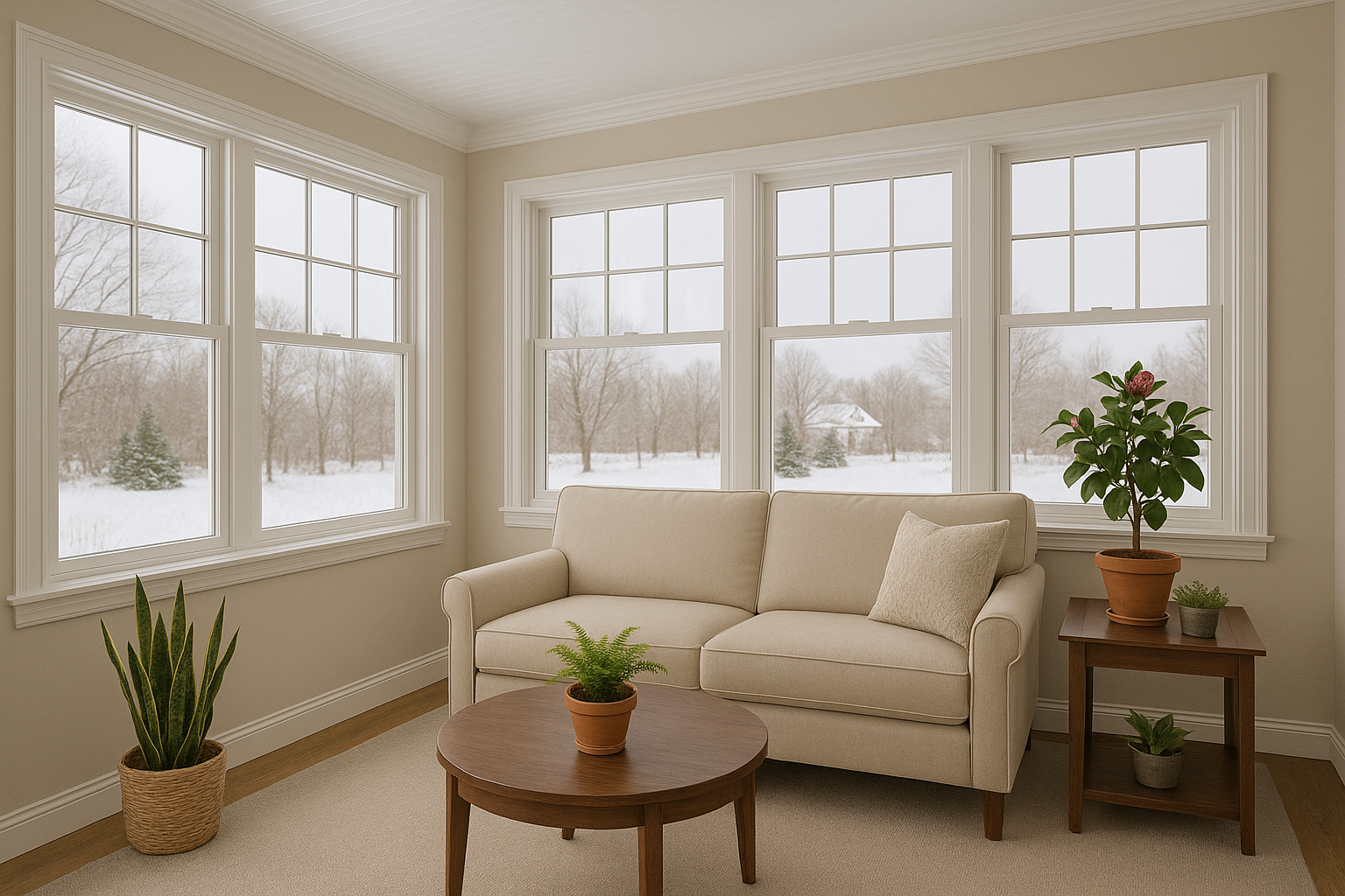White sofa in a sunroom with various plants around the room.